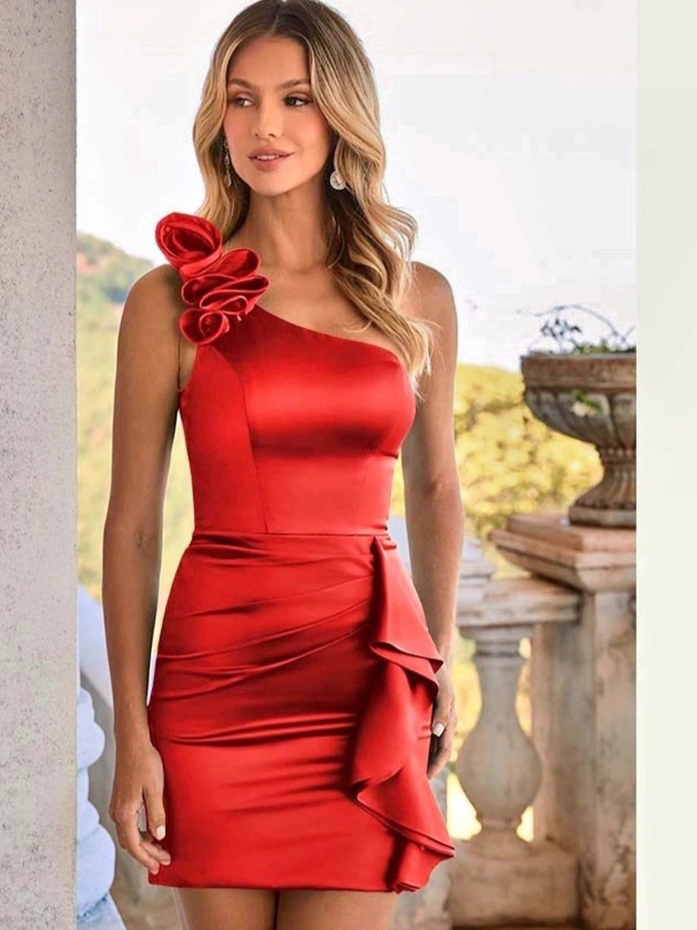 Red One-Shoulder Ruffle Mini Dress NEW